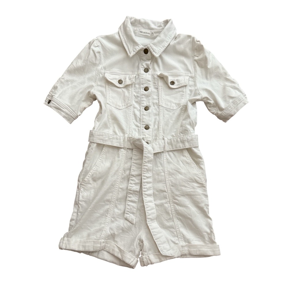 Avec Les Filles Denim Utility Romper Size Medium White Belted Short Sleeve